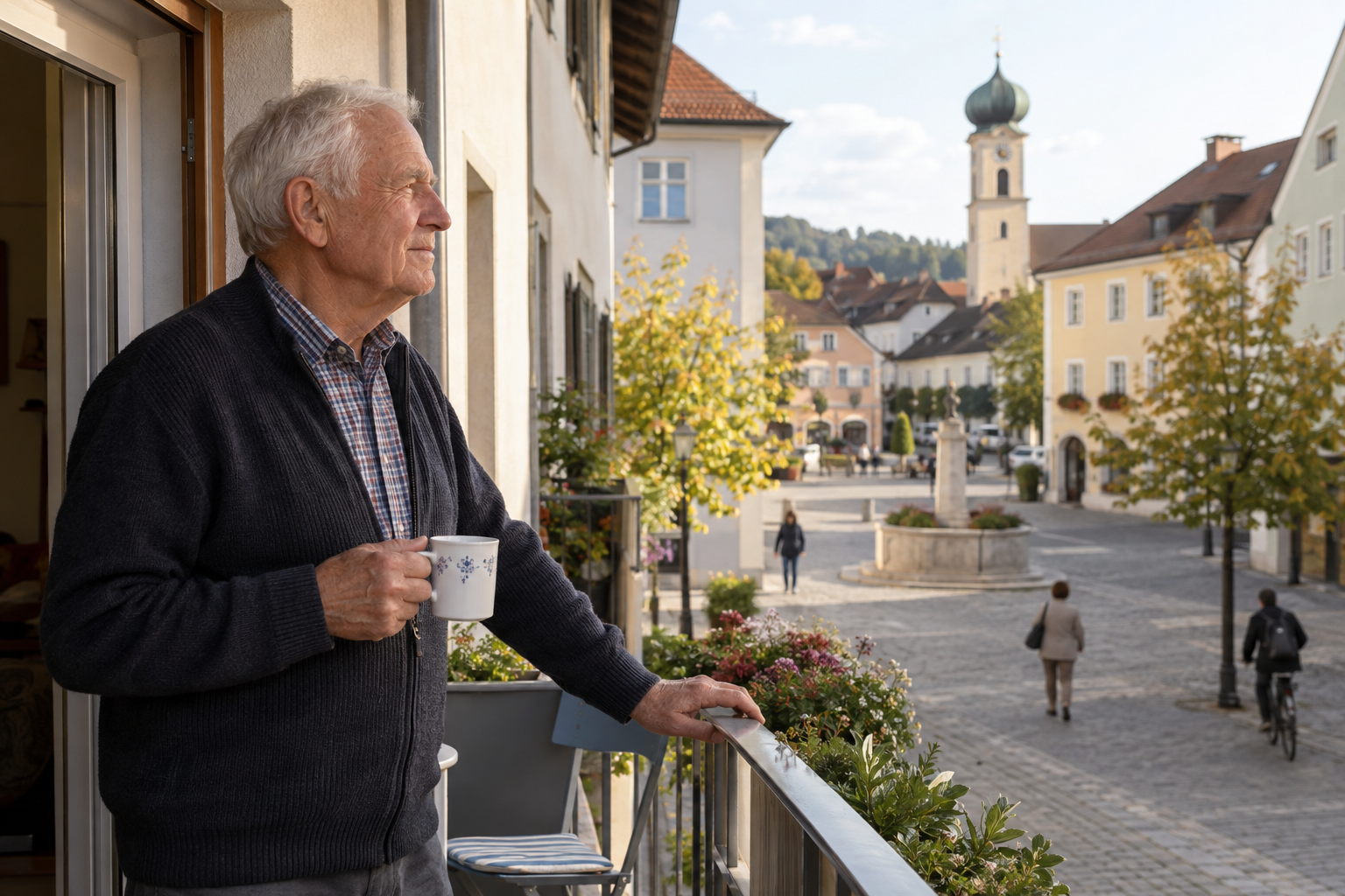 Älterer Mann blickt vom Balkon einer Wohnung auf einen bayerischen Marktort